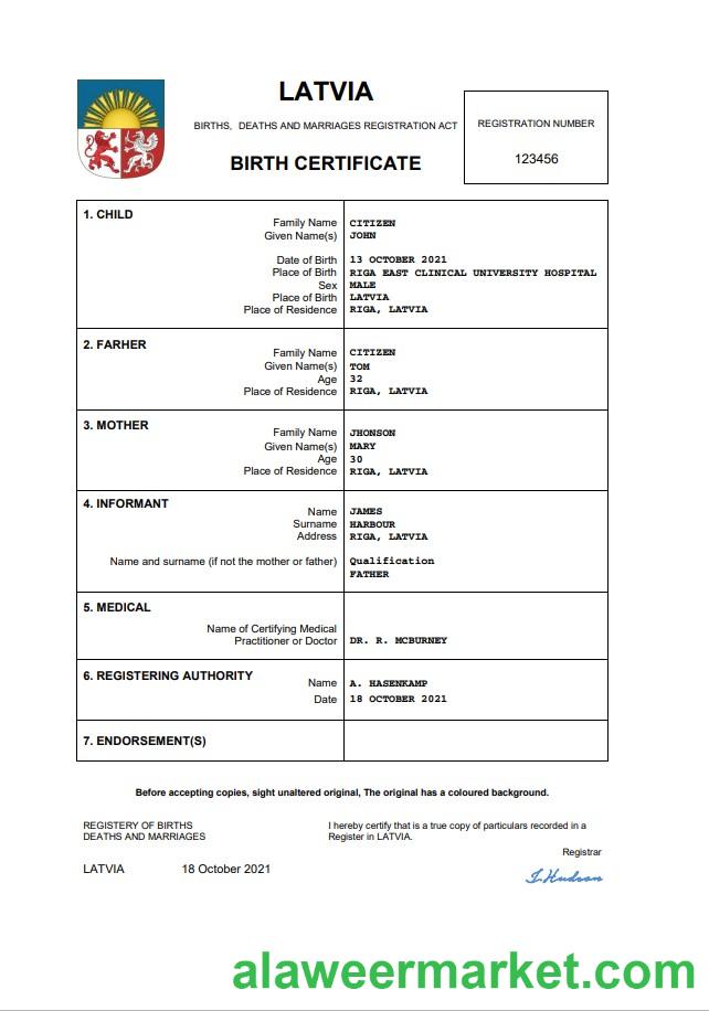 Latvia vital record birth certificate Word and PDF template